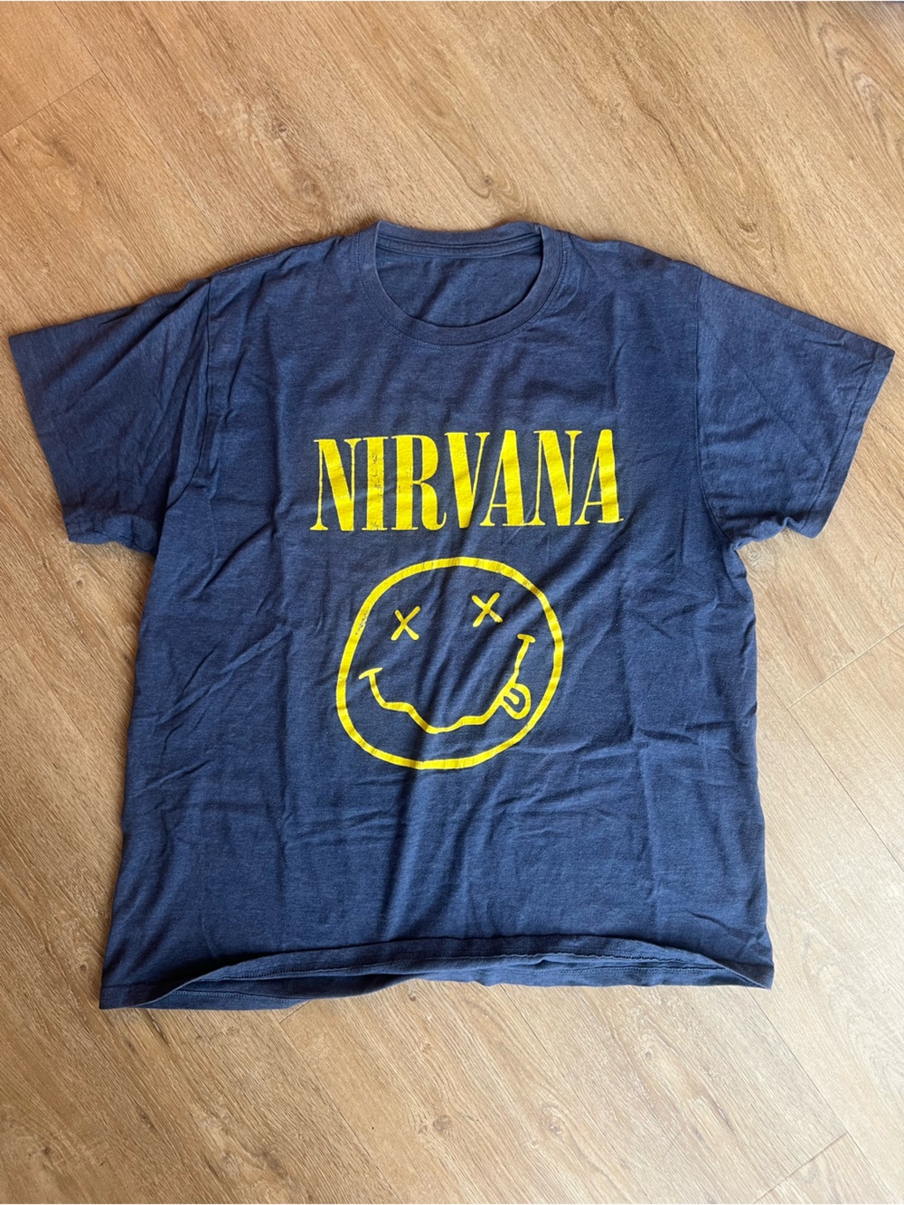 NIRVANA Navy T-Shirt with Yellow Smiley Graphic